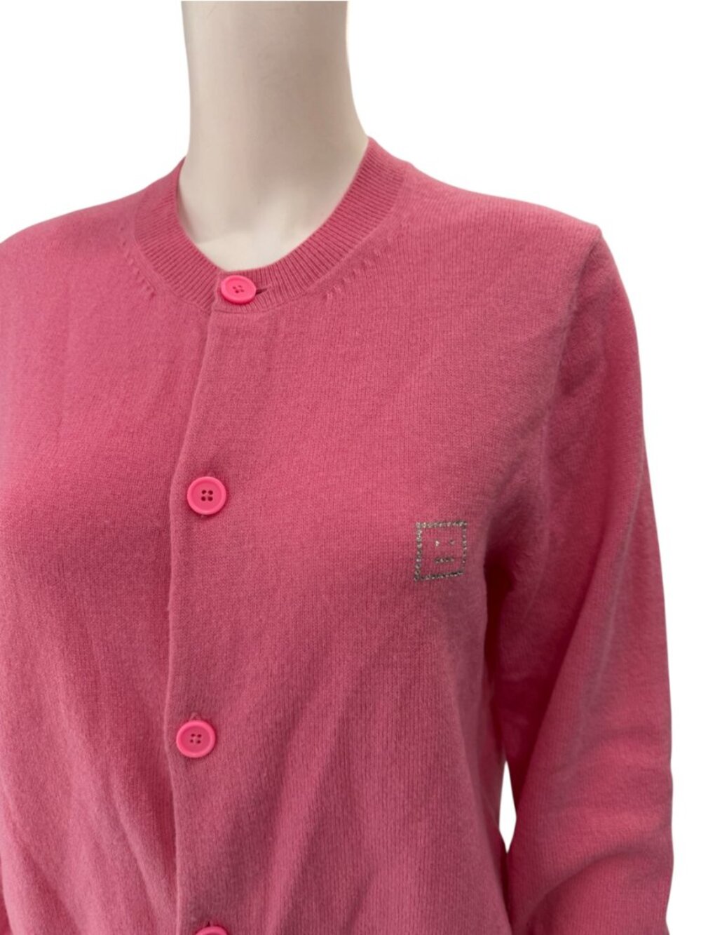 $389 Acne Studios Tango Pink Embellished Face Logo Cardigan Sweater size Large - Picture 6 of 11